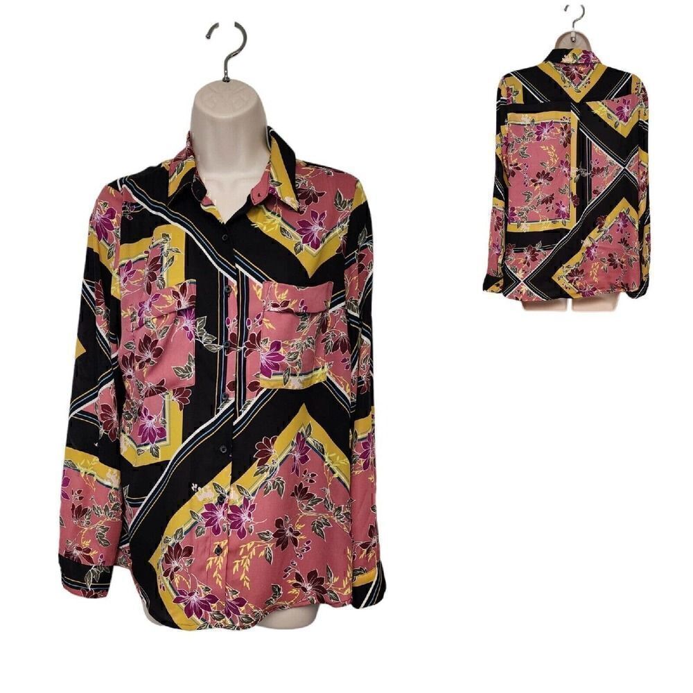 Apt 9 Womens Medium Roll-Tab Long Sleeve Floral Print Button Down Top/Blouse